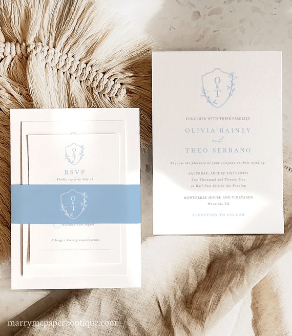 Wedding Invitation Template Set, Blue Wedding Crest & Monogram, Editable, RSVP, Details, Belly Band, Printable, Templett INSTANT Download