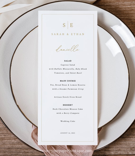 Personalizable Menu Template, Minimalist Wedding Monogram, Gold, Editable Wedding Menu Cards, Menu Card Printable, Templett INSTANT Download