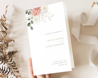 Wedding Program Template, Blush & Gold Flowers, Folding Four Page, Wedding Ceremony Program, Printable, Editable, Templett INSTANT Download