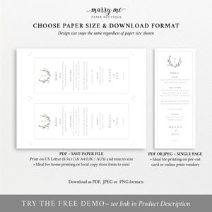 Wedding Menu Template, Elegant Wreath Monogram, Wedding Table Menu Card, Printable, Editable, Tall Thin Menu, Templett INSTANT Download image 4