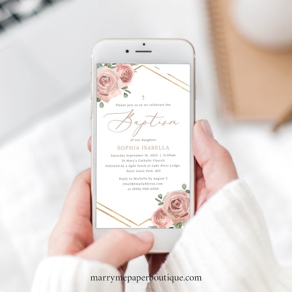 Digital Baptism Text Invitation Template, Dusky Pink Floral, Electronic Baptism Invite, Editable, Dusty Pink, Templett INSTANT Download