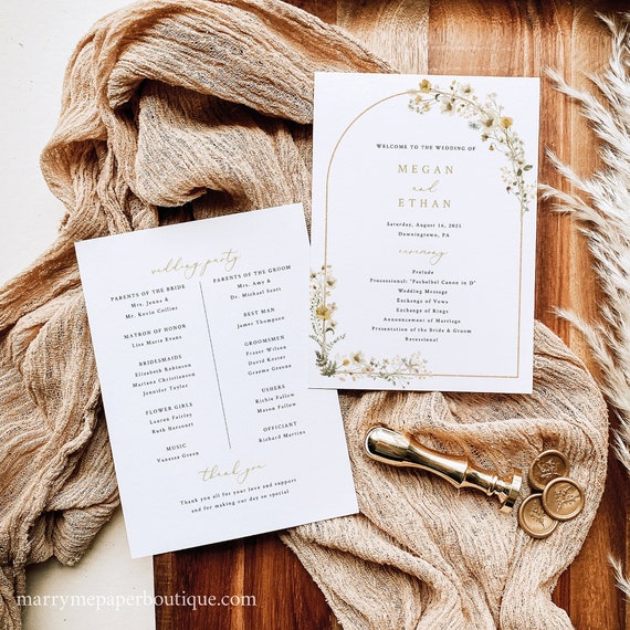 Wedding Ceremony Program Template, Rustic Yellow Flowers Arch, Printable, 5x7 Wedding Program, Editable, Templett INSTANT Download
