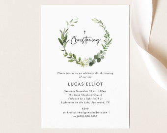 Christening Invitation Template, Elegant Greenery, Printable Christening Invite, Editable, Templett INSTANT Download