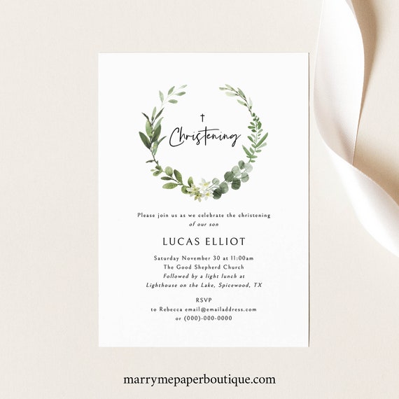 Christening Invitation Template, Elegant Greenery, Printable Christening Invite, Editable, Templett INSTANT Download