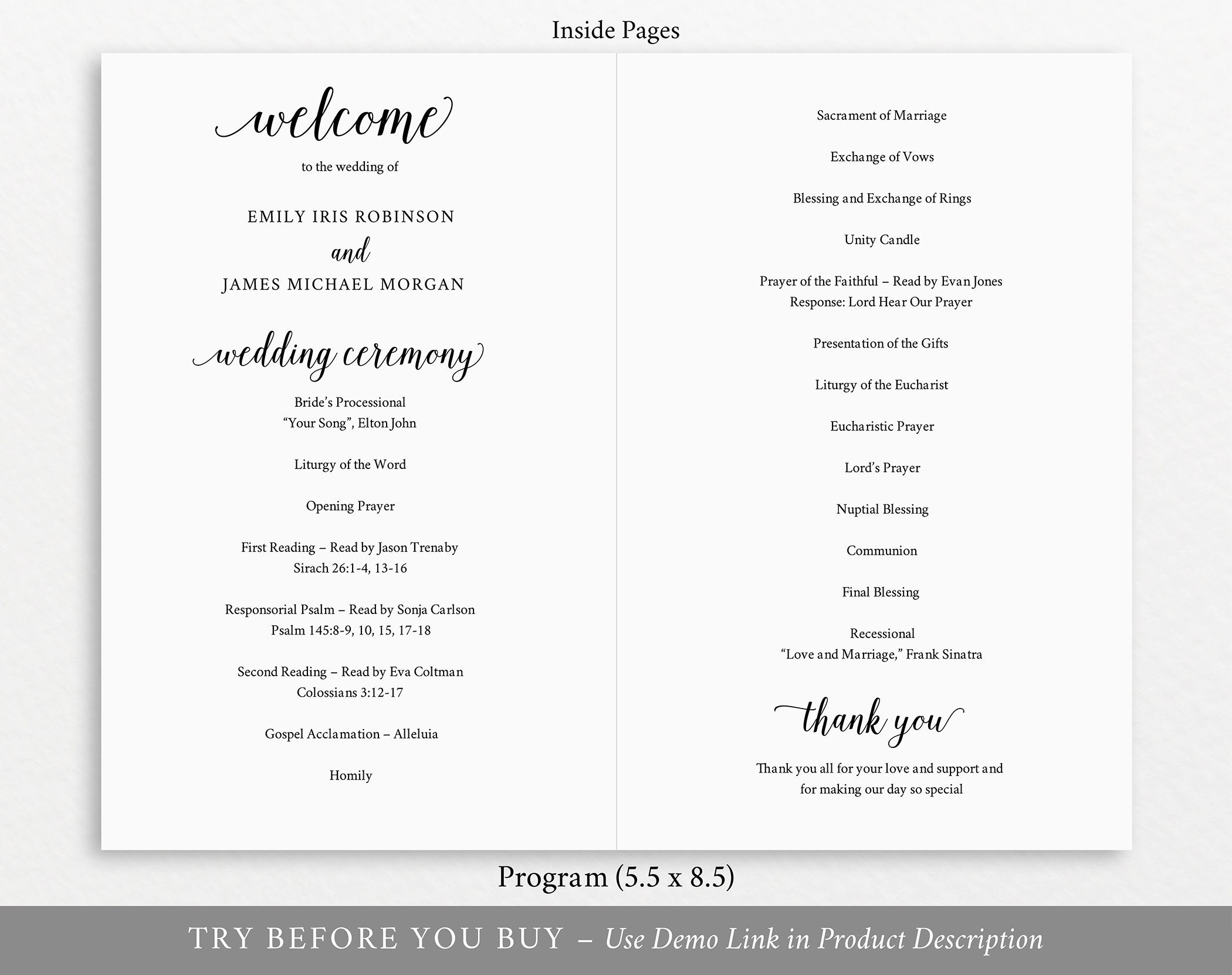 Catholic Wedding Program Template, Folded Modern Script