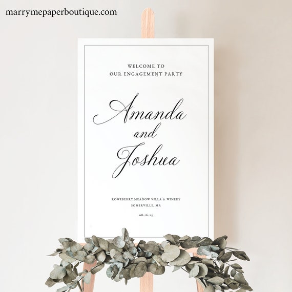 Engagement Party Welcome Sign Template, Traditional Wedding Calligraphy & Border, Editable, Printable, Templett INSTANT Download, Vertical