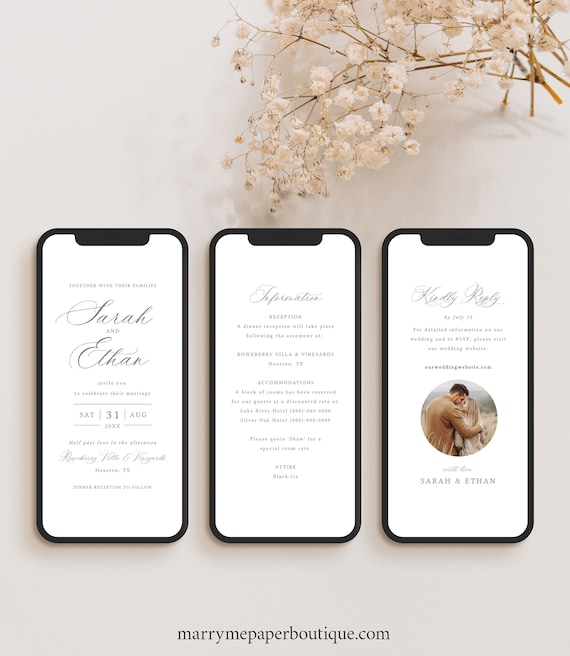 Digital Wedding Invitation Template Set, Calligraphy Design, RSVP, Details, Electronic Wedding Invite, Editable, Templett INSTANT Download