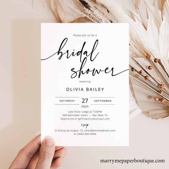 Bridal Shower Invitation Template, Modern Calligraphy, Editable & Printable, Try Before Purchase, Templett Instant Download