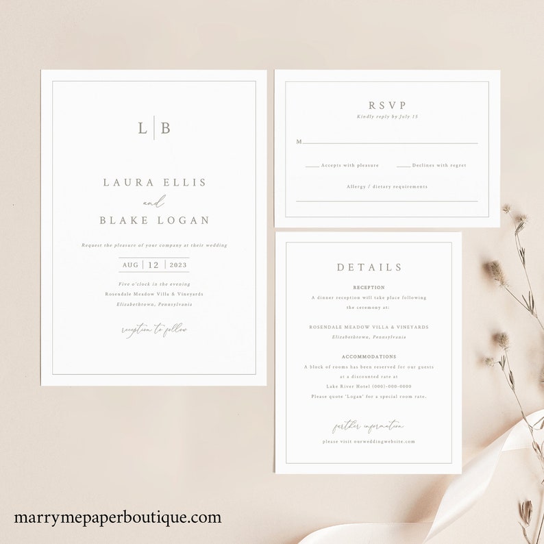 Wedding Invitation Template Set, Monogram & Border, Wedding Invitation Suite, Printable, Editable, RSVP, Details, Templett INSTANT Download 