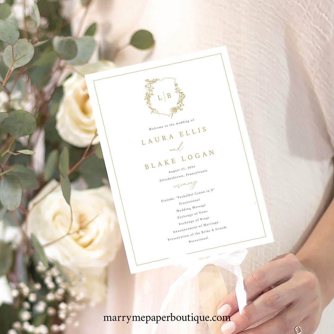 Wedding Program Fan Template, Gold, Wedding Crest & Monogram, Wedding ...