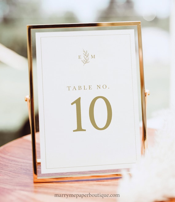 Table Number Sign Template, Leaf Monogram Gold, Wedding Table Number Template, Printable, 4x6, 5x7, Editable, Templett INSTANT Download