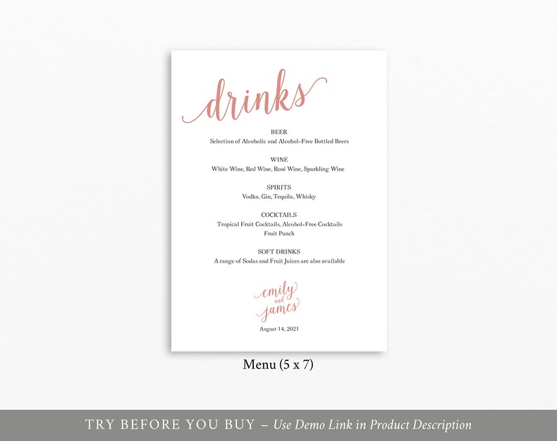 Instant Download Printable Wedding Rose Gold Drinks Menu Editable Rose Gold Menu Rose Gold Wedding Drinks Menu Template