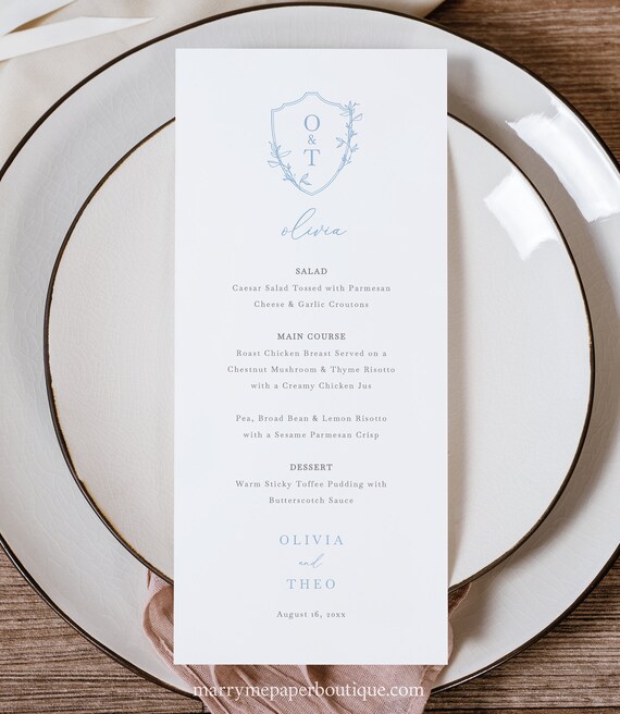 Personalizable Menu Template, Light Blue Wedding Crest & Monogram, Editable, Wedding Guest Menu Cards, Printable, Templett INSTANT Download