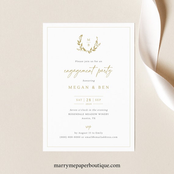 Engagement Party Invitation Template, Gold Wreath Monogram, Editable, Gold Engagement Party Invite, Printable, Templett INSTANT Download