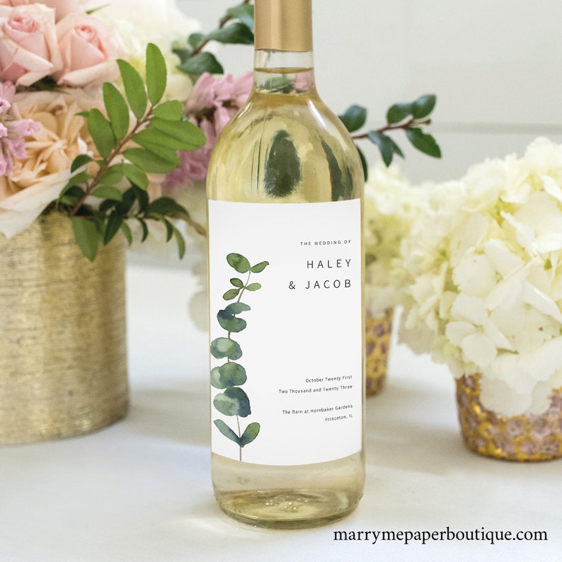 Wine Bottle Label Template, Elegant Eucalyptus, Greenery Wedding Wine Label Printable, Editable, Templett INSTANT Download image 2