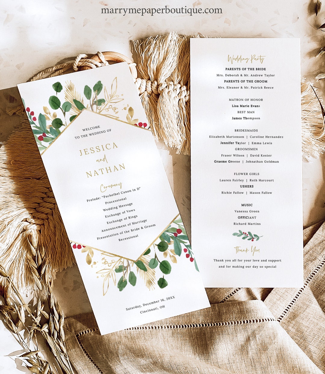 Winter Berry Program Template, Christmas Wedding Program Printable ...
