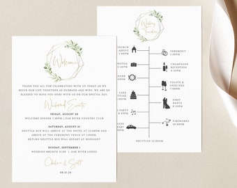 Wedding Itinerary Card Template, Demo Available, Editable Printable Instant Download, Templett, Greenery & Gold