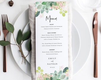 Succulent Floral Menu Template, Greenery, Wedding Menu Printable, Templett, INSTANT Download, Editable