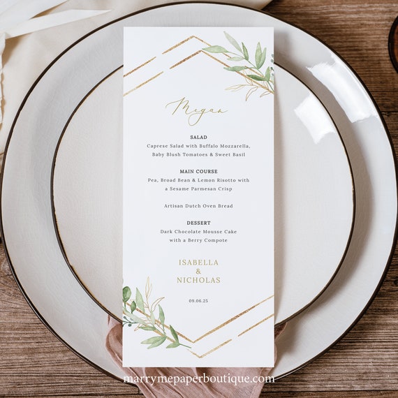 Personalizable Menu Template, Greenery Hexagonal, Editable, Greenery Wedding Menu, Guest Menu Card, Printable, Templett INSTANT Download