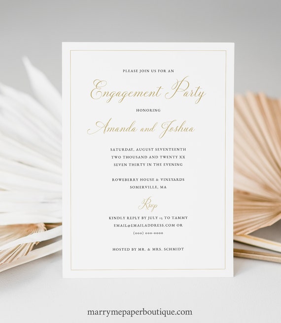 Engagement Party Invitation Template, Traditional Wedding Calligraphy in Gold, Editable Engagement Party Invite, Templett INSTANT Download