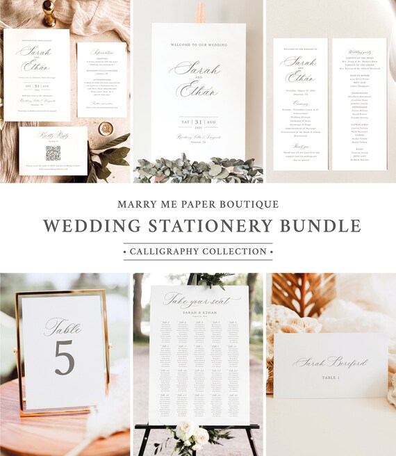 Wedding Template Bundle, Calligraphy Design, Wedding Stationery Bundle, Editable Wedding Bundle Kit, QR Code RSVP, Templett INSTANT Download