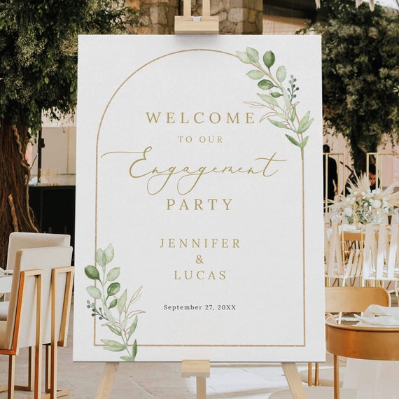 Engagement Party Welcome Sign Template, Greenery Arch, Editable, Greenery Welcome to Our Engagement Party Sign, Templett INSTANT Download