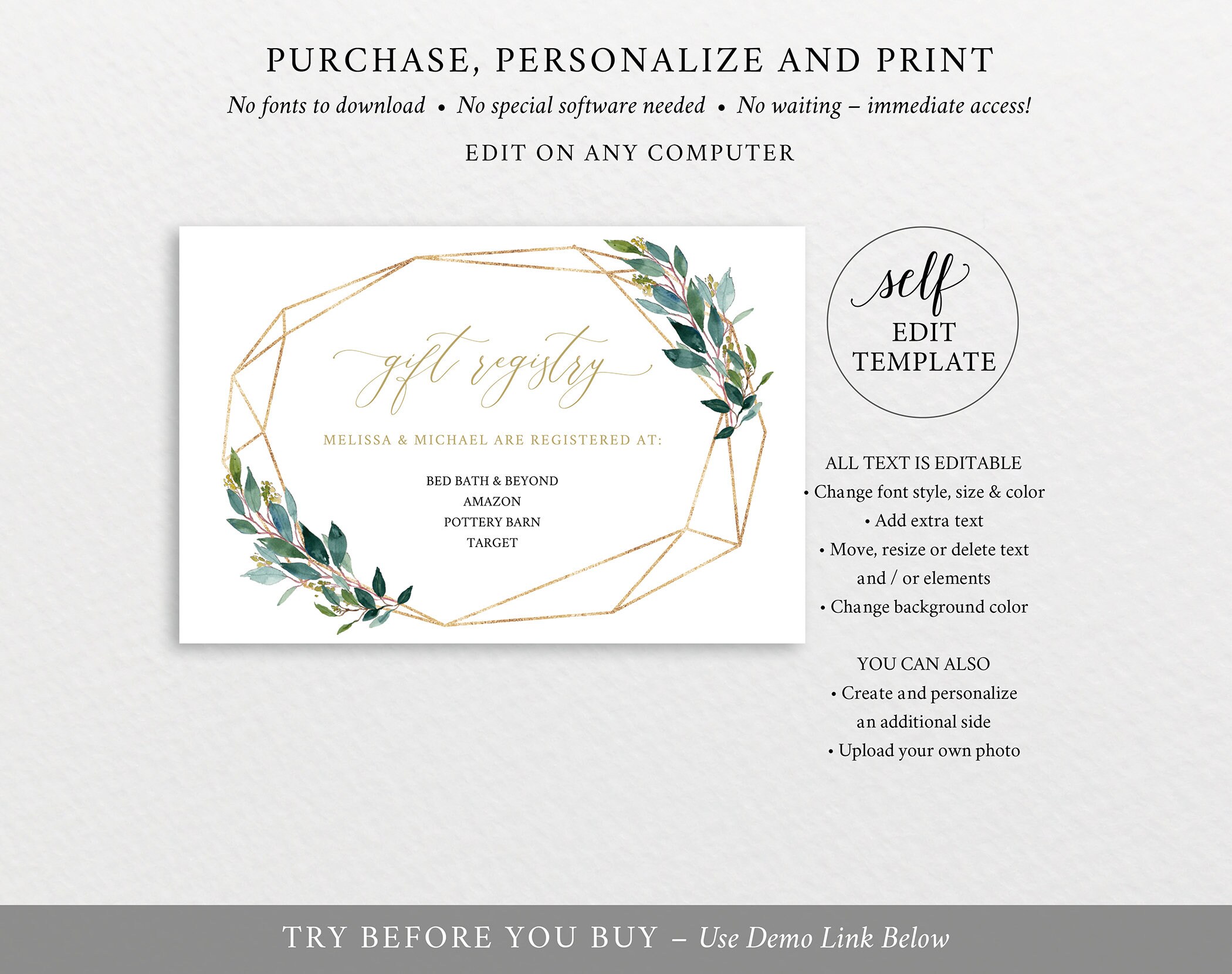 Try Before You Buy Gift Registry Card Template 100 Editable