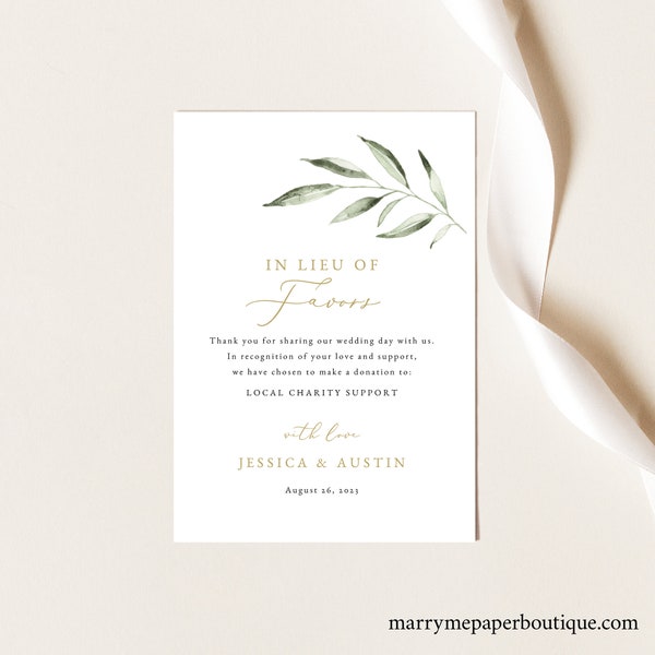 In Lieu of Favors Card Template, Olive Leaf Greenery, Charity Donation Card, Printable, Editable, Templett INSTANT Download