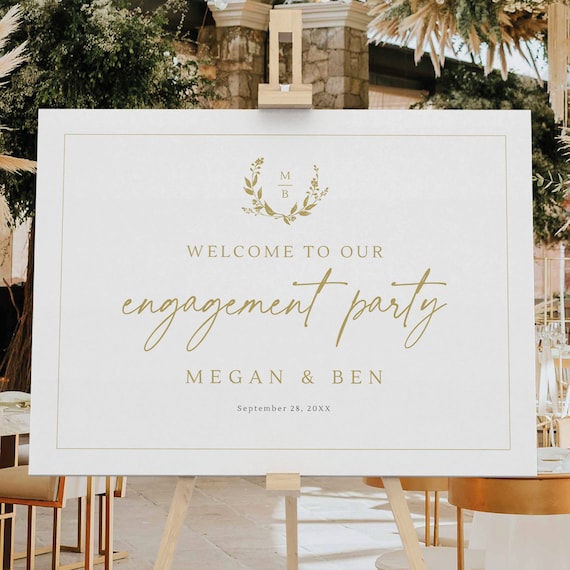 Engagement Party Welcome Sign Template, Gold Wreath Monogram, Editable, Engagement Party Sign, Printable, Templett INSTANT Download