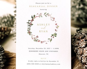 Rehearsal Dinner Invitation Template, Winter Wreath, Editable, Winter Berries, Rehearsal Invitation, Printable, Templett INSTANT Download