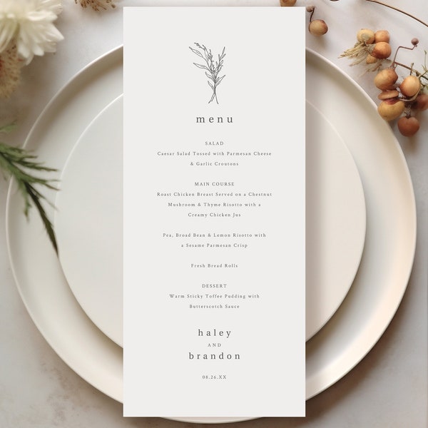 Wedding Menu Template Tall, Modern Rustic Design, Templett Instant Download, Editable Menu Printable, Try Before Purchase