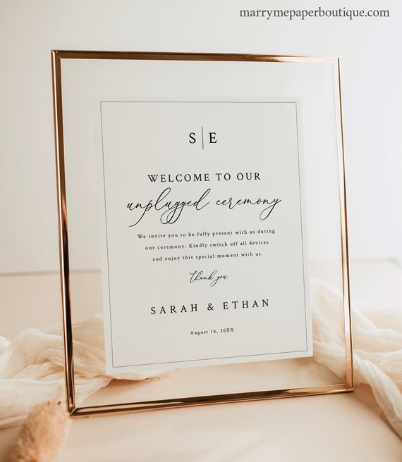 Unplugged Ceremony Sign Template, 8x10, Minimalist Wedding Monogram, Unplugged Wedding Table Sign, Editable, Templett INSTANT Download