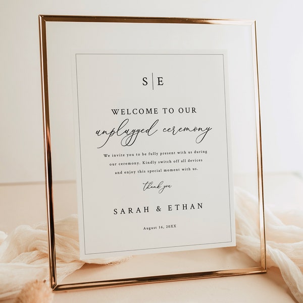 Unplugged Ceremony Sign Template, 8x10, Minimalist Wedding Monogram, Unplugged Wedding Table Sign, Editable, Templett INSTANT Download