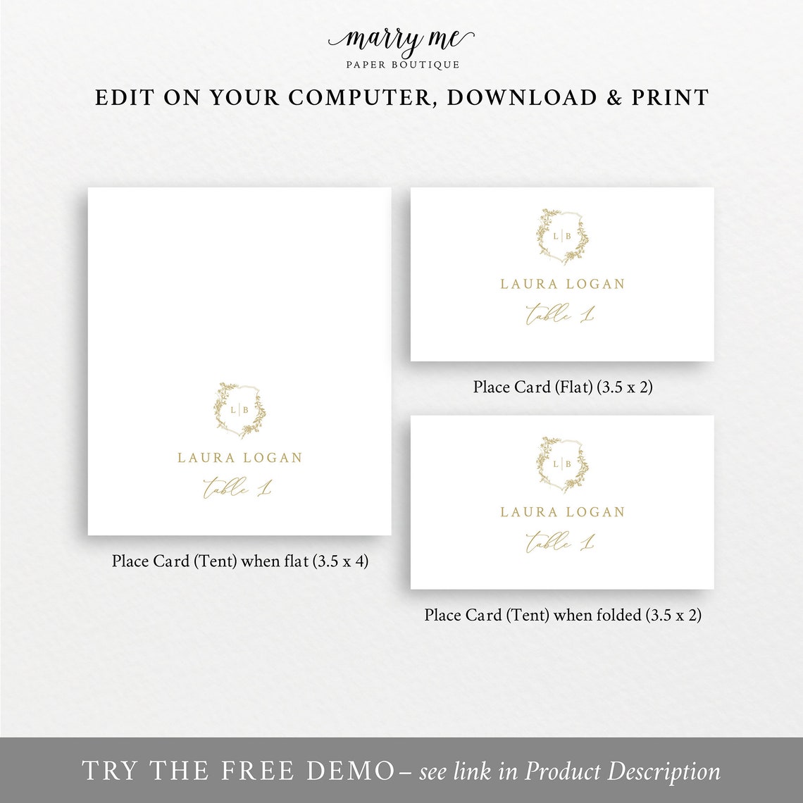 Wedding Place Card Template Gold Wedding Crest &amp; Monogram - Etsy