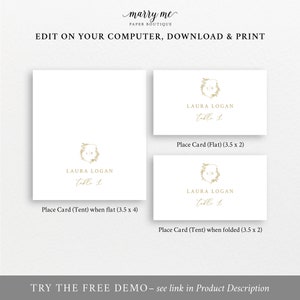 Wedding Place Card Template, Gold, Wedding Crest &amp; Monogram, Flat and ...