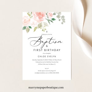 Pink Baptism & First Birthday Invitation Template, Editable, Blush Pink Floral, Printable Baptism Birthday Invite, Templett INSTANT Download