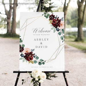 Wedding Welcome Sign Template, Burgundy Floral, Wedding Sign, Printable, Editable Sign, Templett INSTANT Download