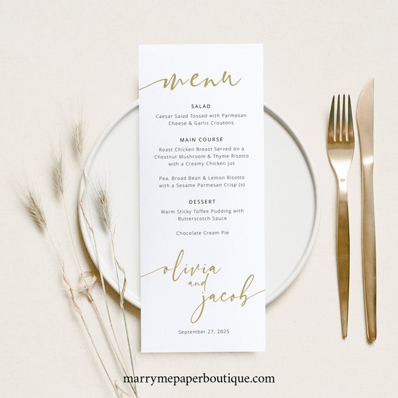 Wedding Menu Template, Gold, Modern Script, Editable, Modern Wedding Table Menu Card, Printable, Narrow Menu, Templett INSTANT Download