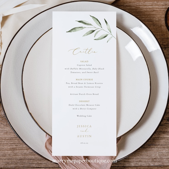 Personalizable Menu Template, Olive Leaf Greenery, Editable, Greenery Wedding Menu, Guest Menu Card, Printable, Templett INSTANT Download