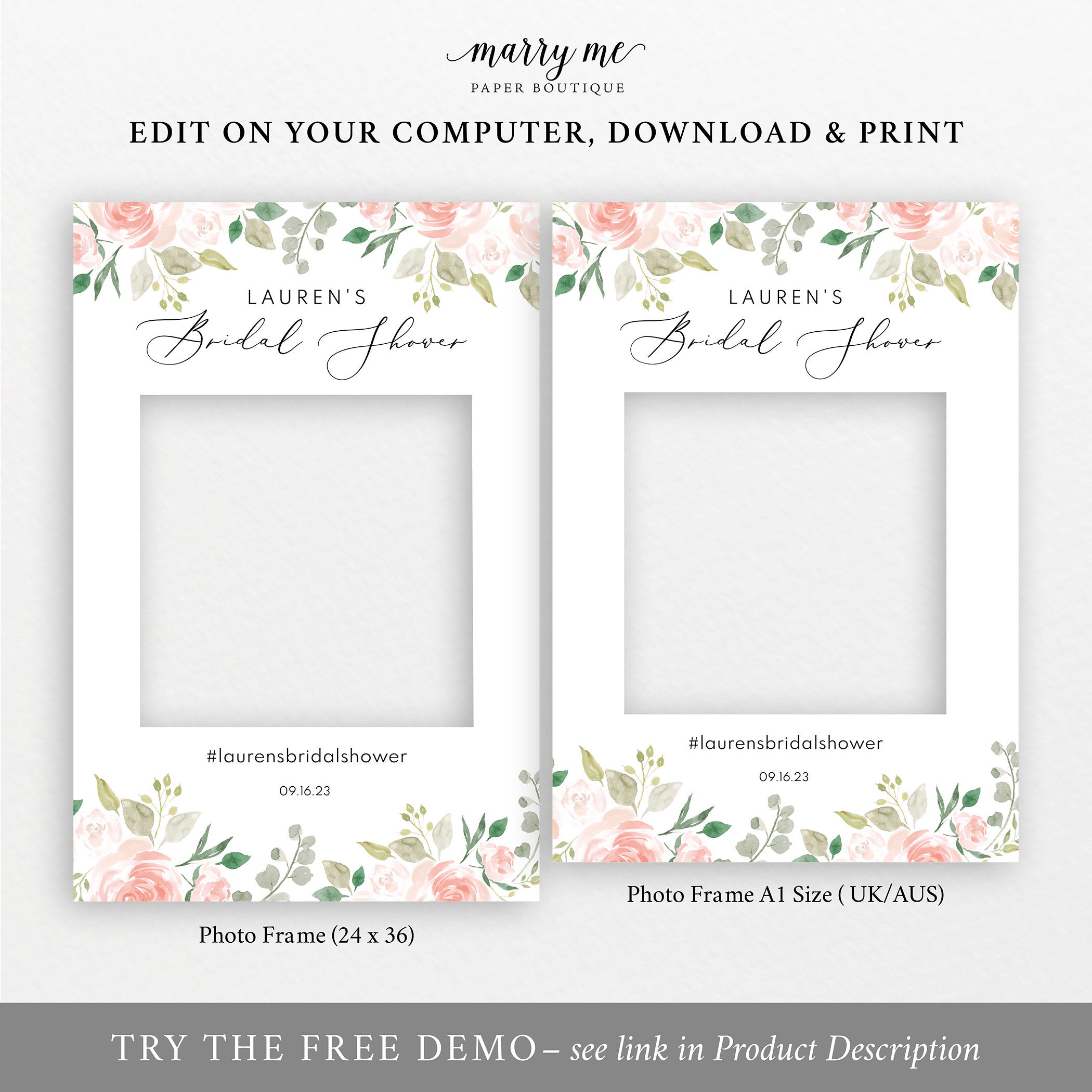 Floral Wedding Bridal Shower Photo Booth Frame Template Printable Photo Booth Template Wedding Selfie Frame Instant Download Mm08 3