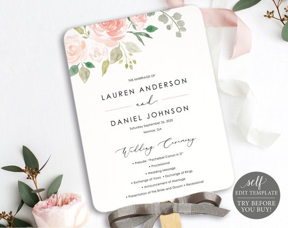 Floral Wedding Program Fan Printable Program Fan Template Etsy
