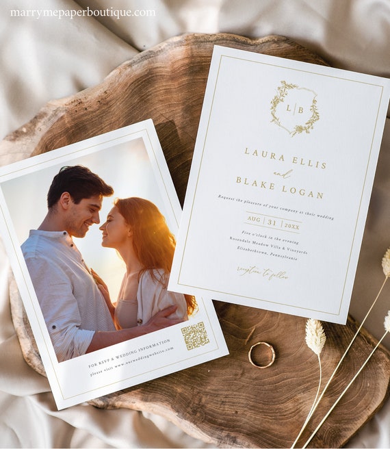 Photo Wedding Invite Template, Botanical Crest in Gold, Editable, 5x7, Wedding Invitation, Photo and QR Code, Templett INSTANT Download