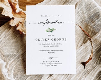 Confirmation Invitation Template, Greenery Leaf, Printable, Greenery Confirmation Invite Card, Templett INSTANT Download, Editable