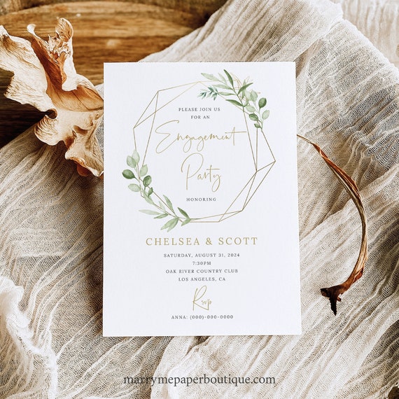 Engagement Party Invitation Template, Try Before Purchase, Order Edit & Download In Minutes, Greenery Gold