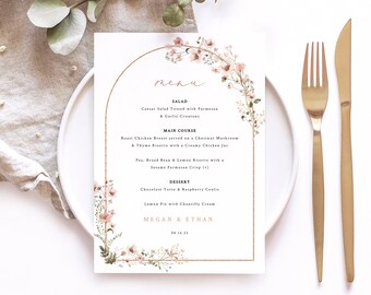 Wedding Menu Template, Rustic Pink Flower Arch, Wedding Menu Card, Editable, 5x7 Wedding Table Menu, Printable, Templett INSTANT Download