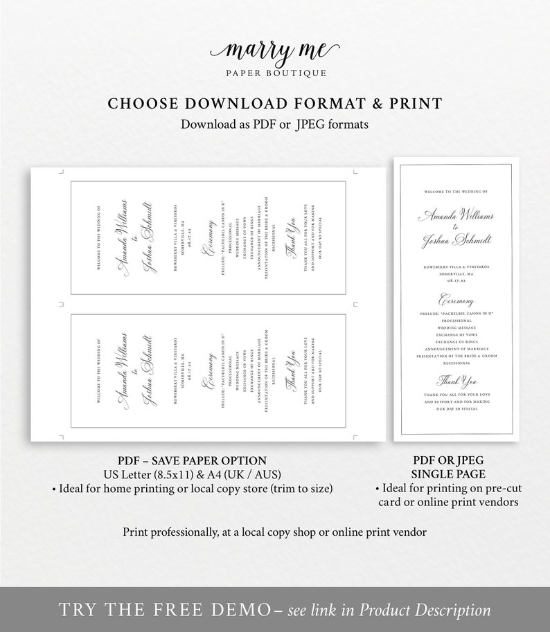 Wedding Program Template, Traditional Wedding Calligraphy & Border, Tall Wedding Ceremony Program, Printable, Templett INSTANT Download image 5