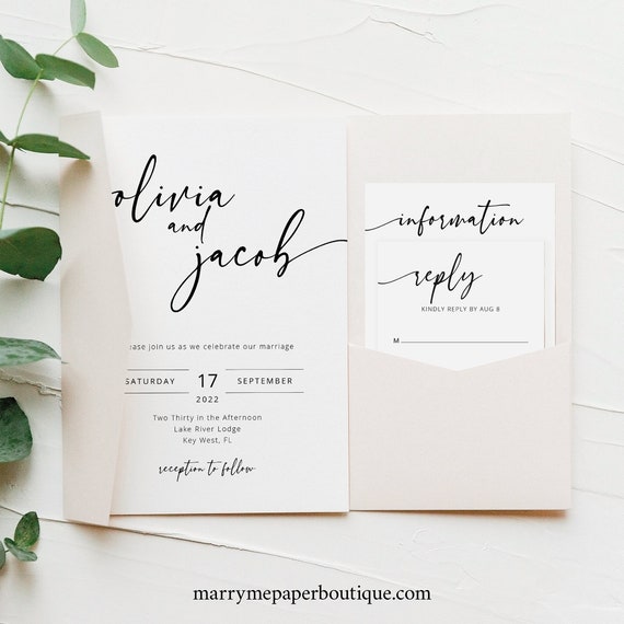 Wedding Invitation Template Set Pocketfold, Modern Calligraphy, Editable & Printable, Try Before You Buy, Instant Download