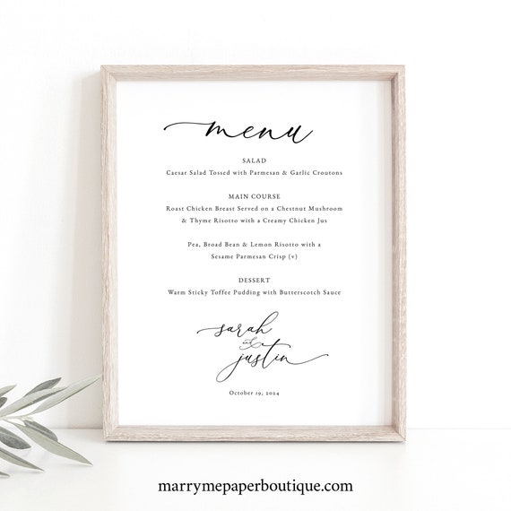 Wedding Table Menu Sign Template, Classic & Elegant, Large Wedding Menu Sign, Printable, Editable, 8x10 Menu, Templett INSTANT Download