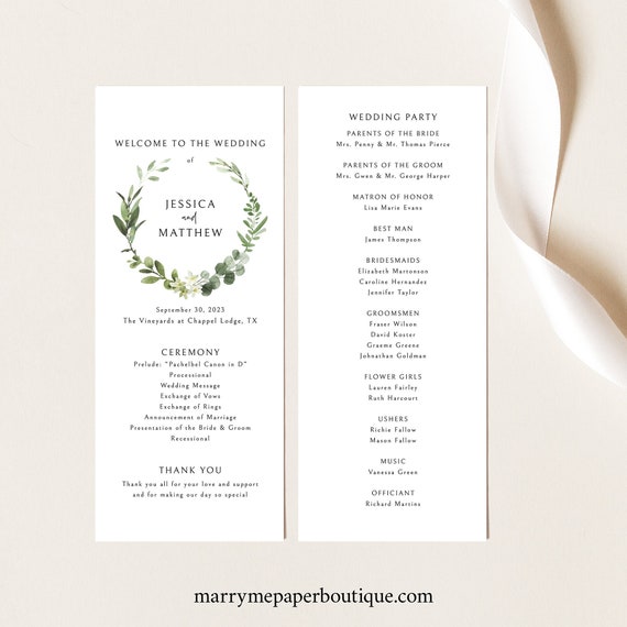 Wedding Program Template Tall, Elegant Greenery, Try Before Purchase, Editable Program Printable, Templett Instant Download