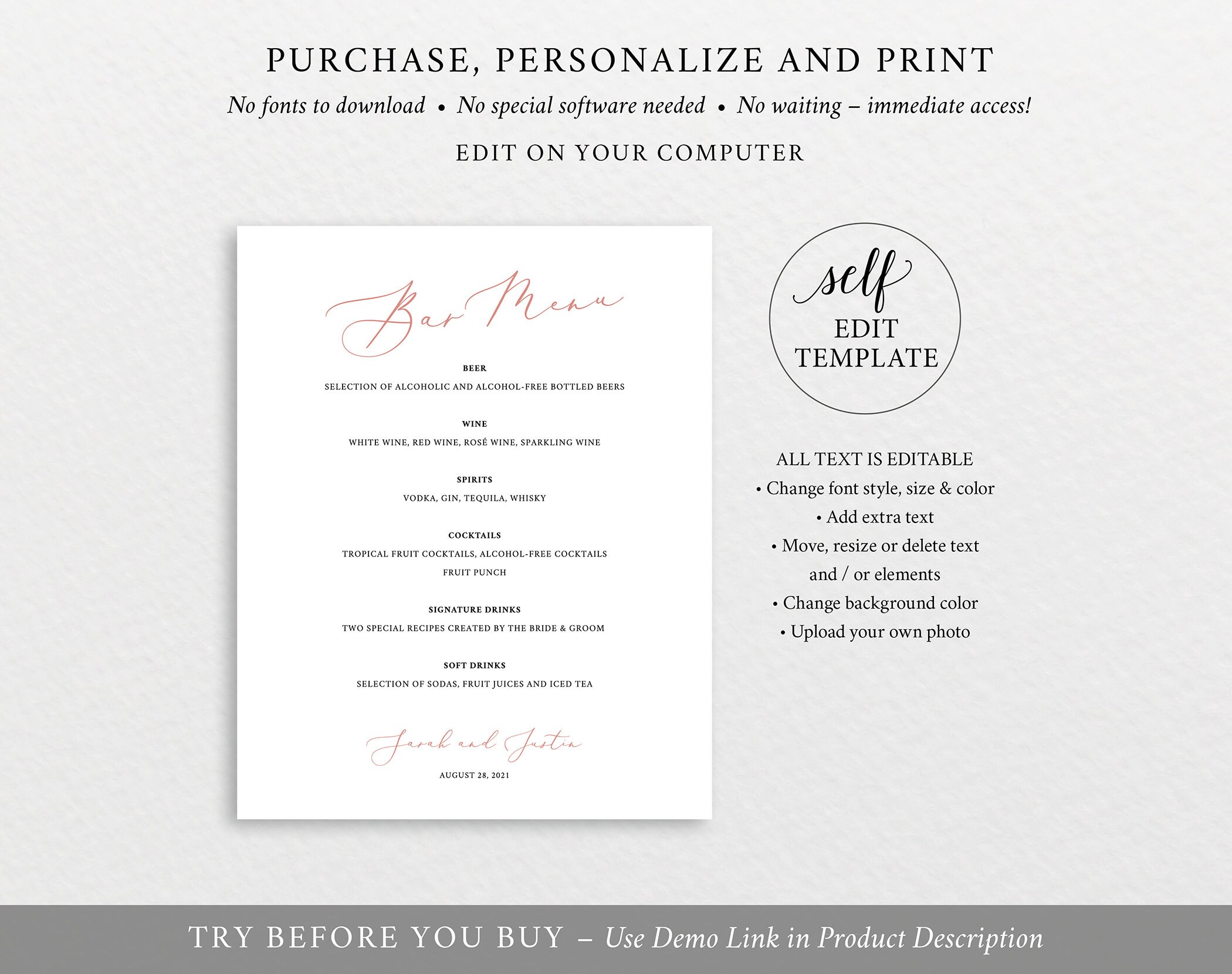 Bar Menu Sign Template Rose Gold Script Drinks Menu Etsy UK